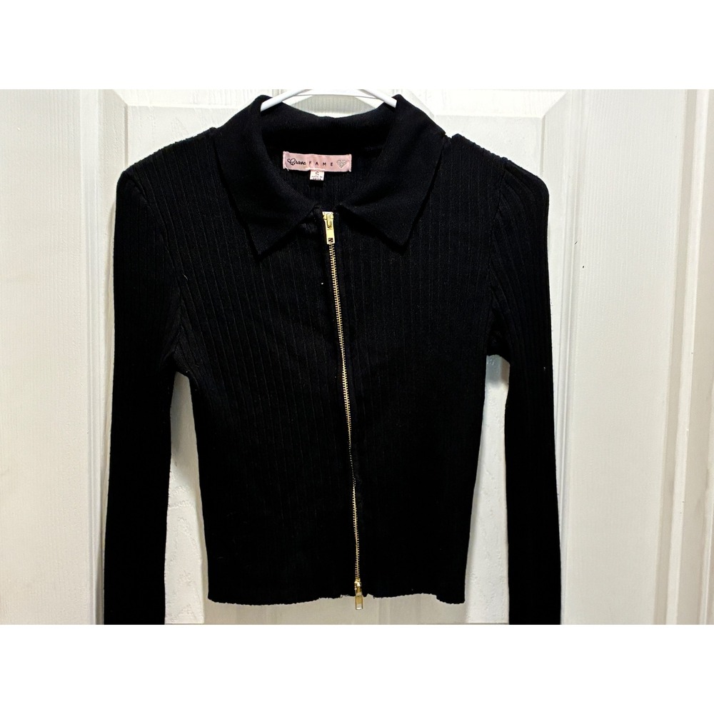 Crave Fame Girls Black Ribbed Knit Full Zip Cardigan Sweater Collar‎ Size S